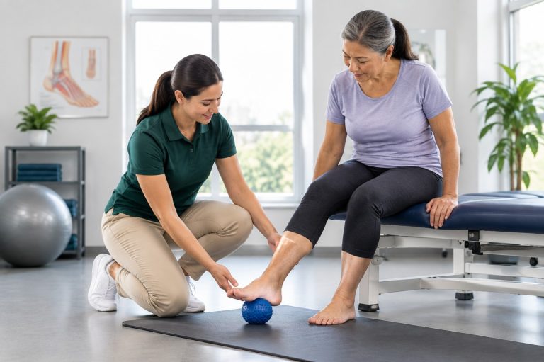 Physical therapist treating a patient's heel for plantar fasciitis at Advance Physical Therapy
