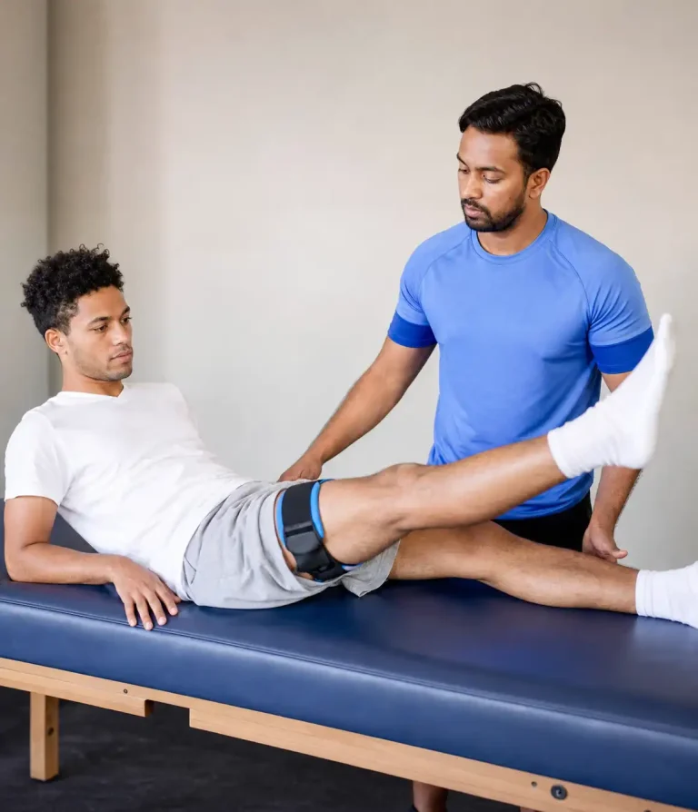 Patient performing a low-load leg exercise during blood flow restriction therapy in Texas