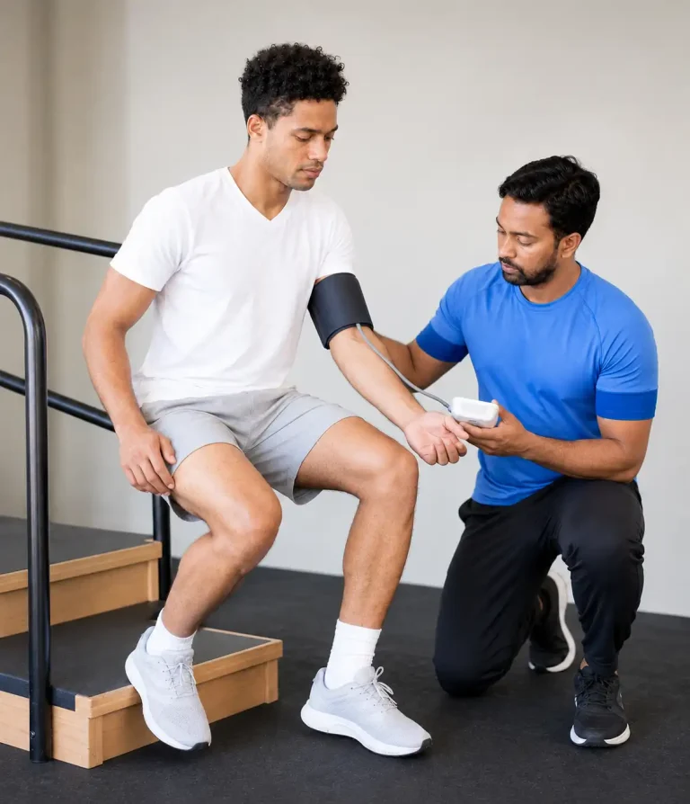 Physical therapist screening a patient before blood flow restriction therapy at a Texas clinic
