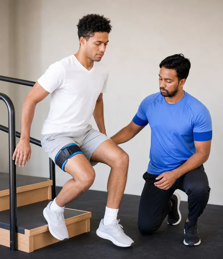 Blood flow restriction therapy for knee rehab with a cuff on the upper thigh