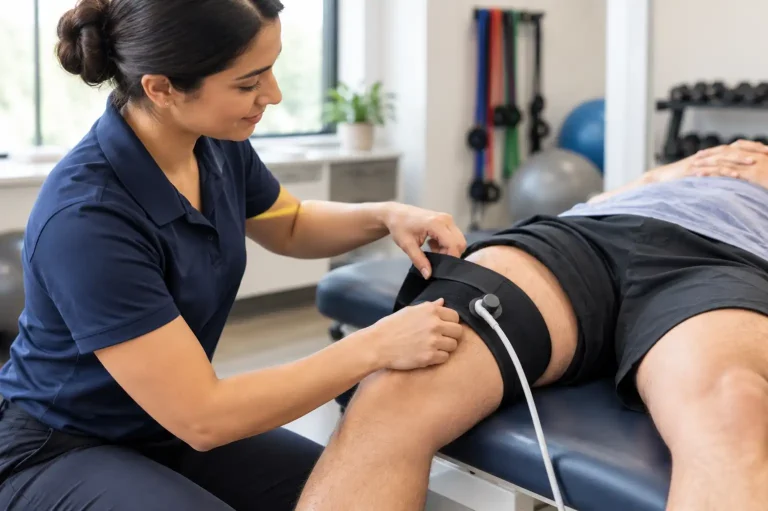 Physical therapist fitting a blood flow restriction cuff on a patient's thigh at Advance Physical Therapy