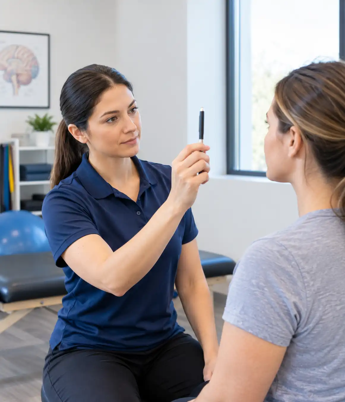 Physical therapist checking eye tracking during a concussion evaluation in Texas