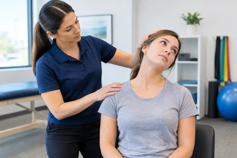 Physical therapist assessing a patient's neck during concussion physical therapy at Advance Physical Therapy