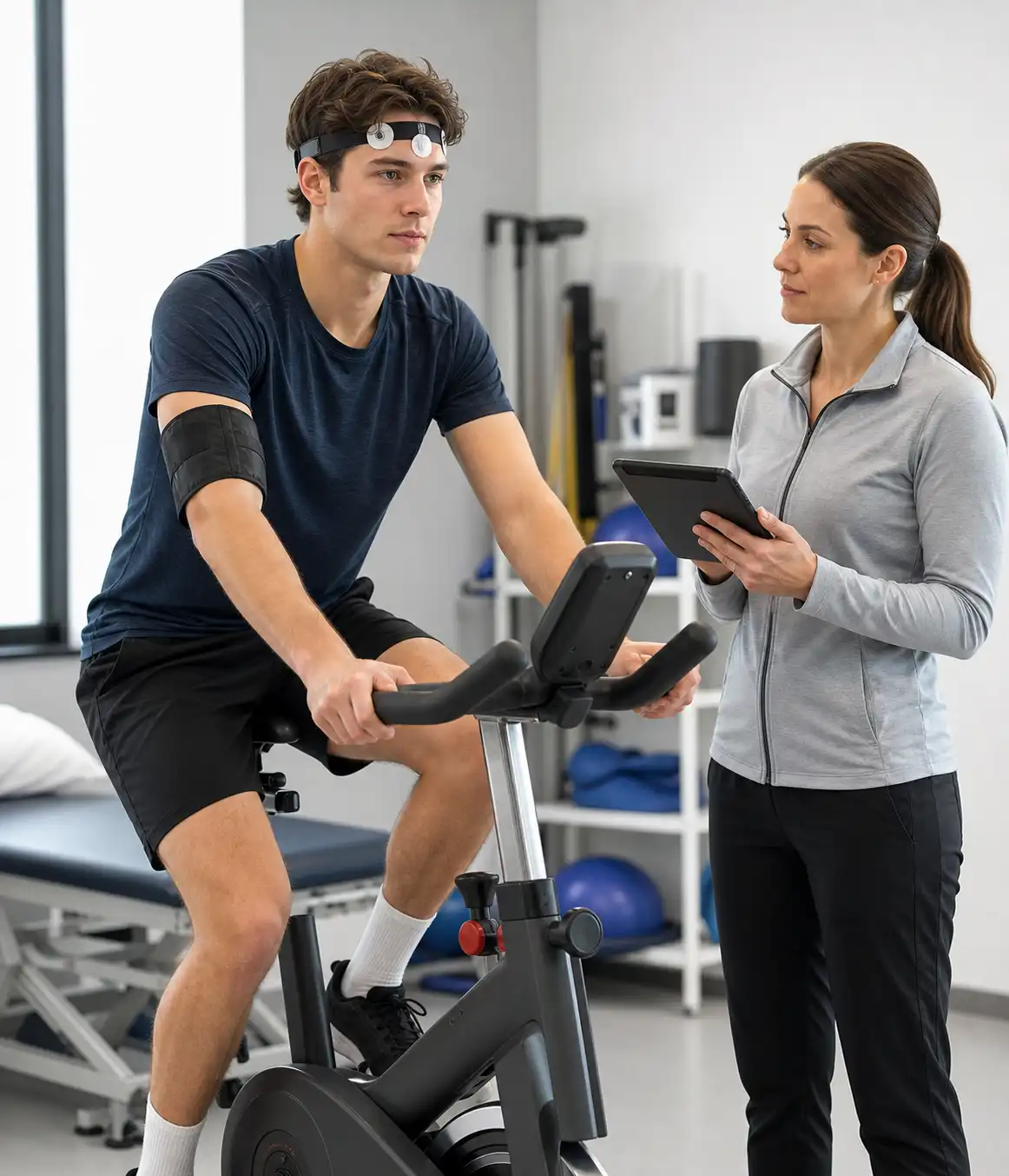 Patient doing a graded exercise test during concussion rehab