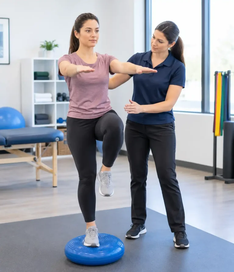 Patient doing balance training for dizziness after a concussion
